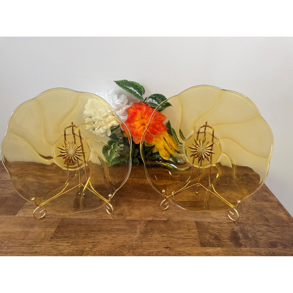 Vintage Yellow Glass Plates Starburst Design MCM Retro Dinnerware Serving Dish‎